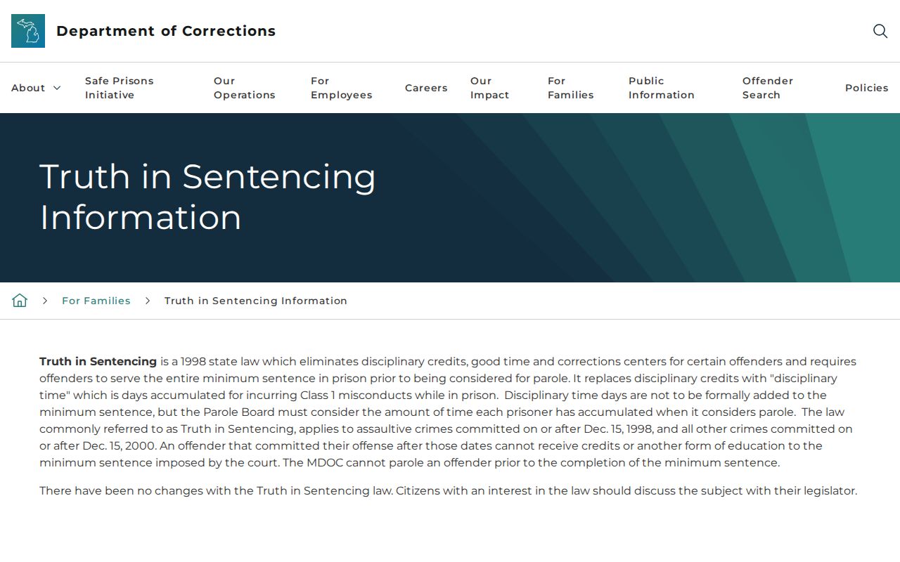 Michigan truth in sentencing rules for Tuscola projected release dates