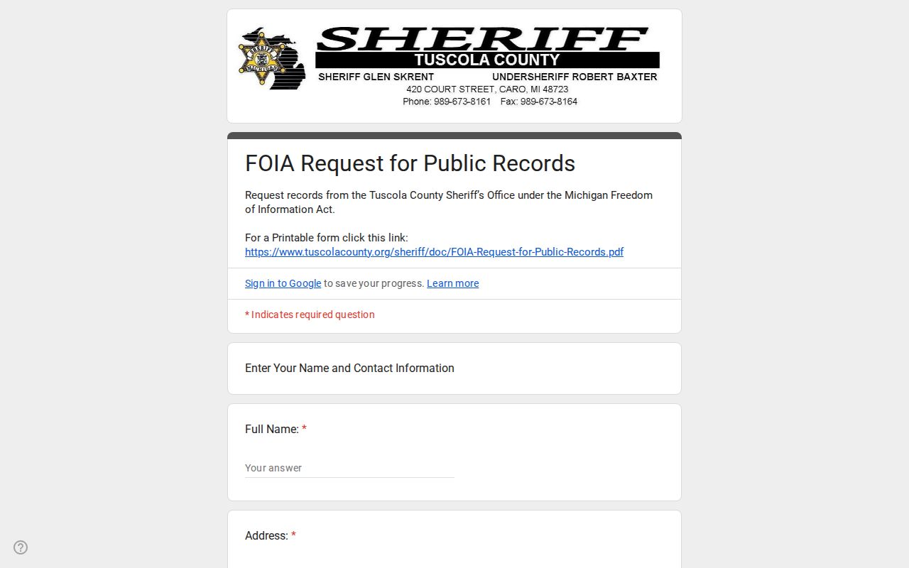 Tuscola County released inmate record request form from the Sheriff
