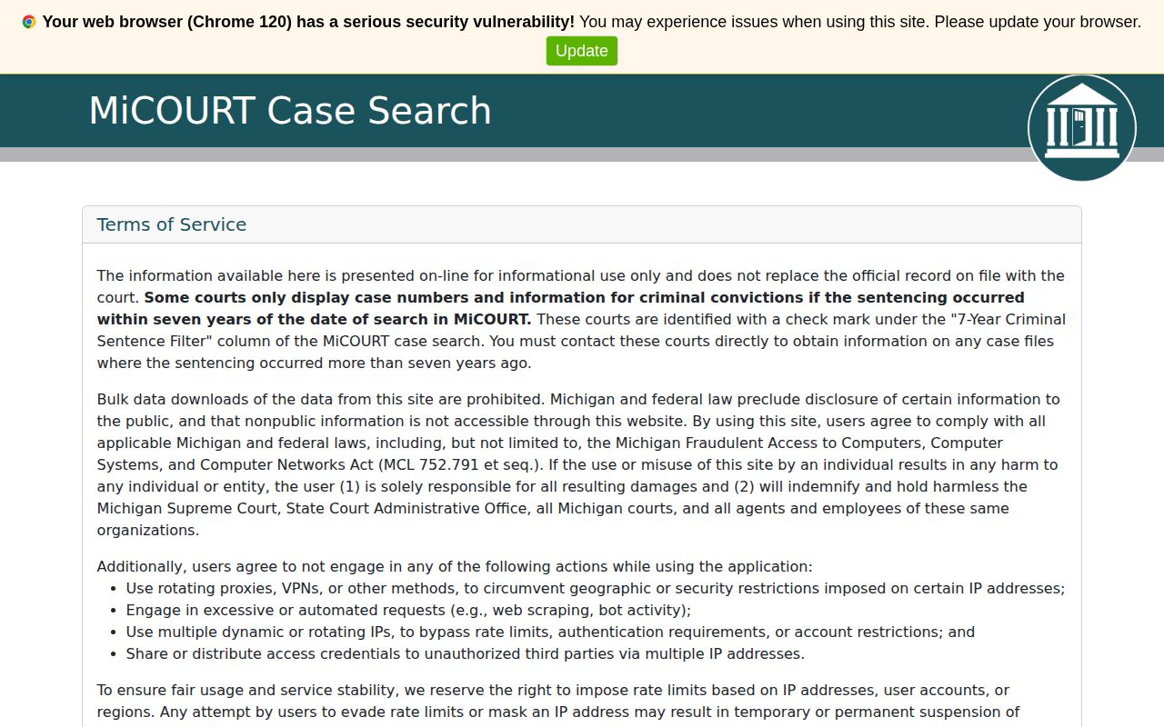 MiCOURT search for Tuscola County release and court records